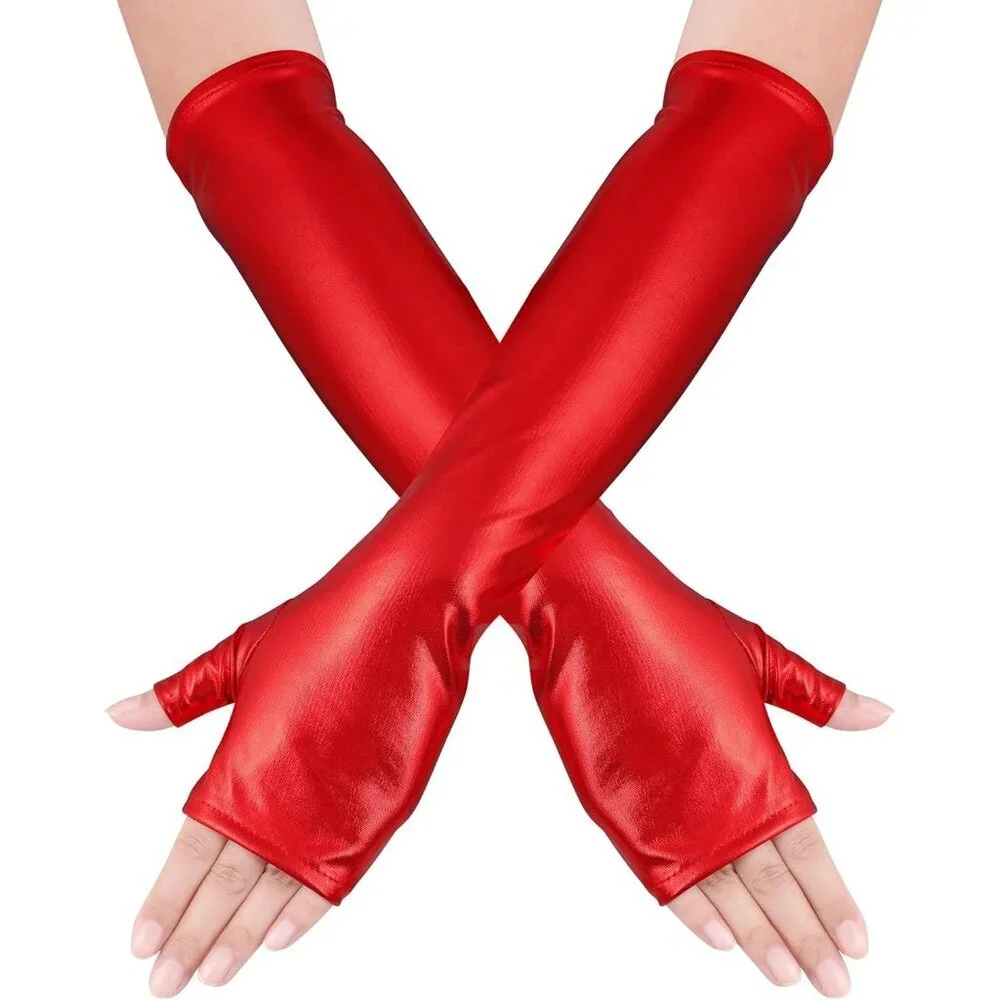 Women's Long Metallic Shiny Fingerless Gloves Red Party Halloween Costume